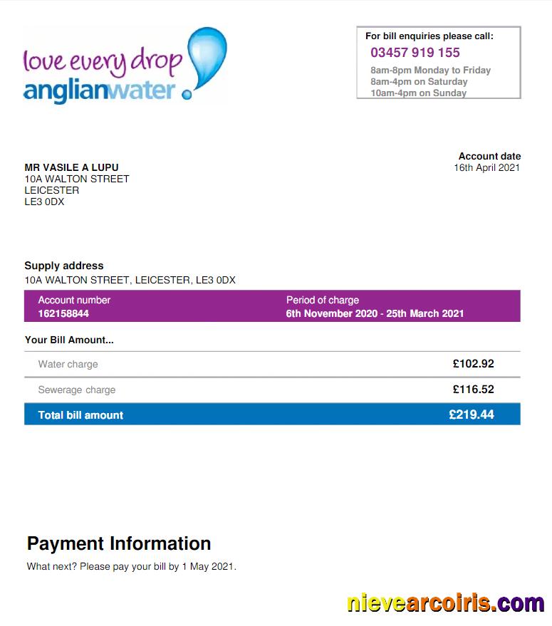 USA ANGLIAN WATER utility bill